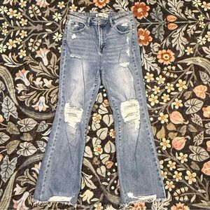 Flared Distressed Blue Jeans - Women's Wide Leg